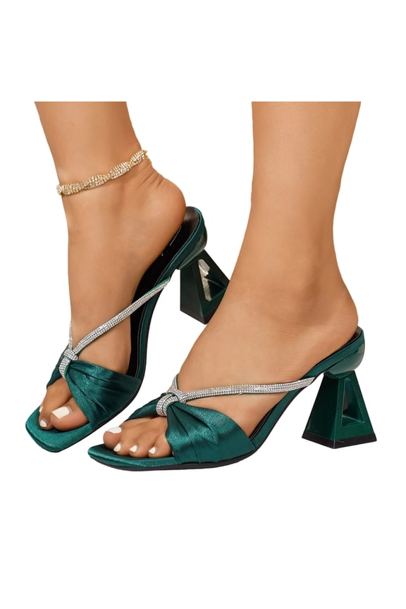 Women's Heeled Sandals Two Strap Slip-On High Heels Square Open Toe Chunky Block Sandals Sexy Wedding Bridal Party Dress Shoes