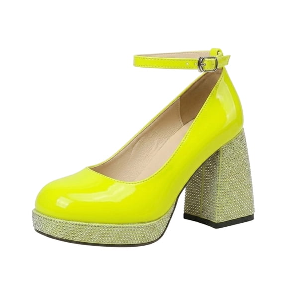 SACFOF Women’s High Chunky Platform Closed Toe Block Heels Square Toe Ankle Strap Dress Wedding Party Pumps Shoes