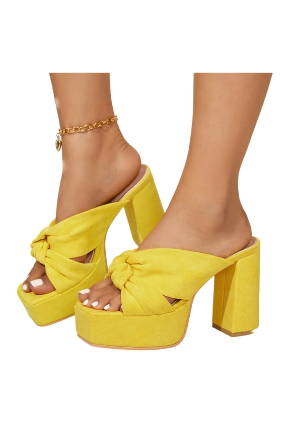 Women's High Heeled Square Toe Slip On Sandals, Puffy Knot Chunky Heel Open Toe Sandals for women, Summer Party Prom Shoes