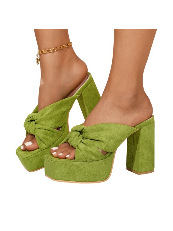 Women's High Heeled Square Toe Slip On Sandals, Puffy Knot Chunky Heel Open Toe Sandals for women, Summer Party Prom Shoes