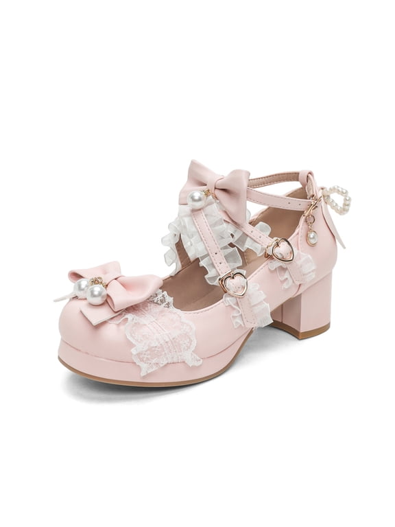 Women's Kawaii Shoes Cross Strap Pumps Cute Ankle Strap Mary Jane Shoes Wedding Lace Mid Chunky Heel Pumps