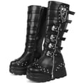 thumbnail image 1 of SACFOF Women's Knee High Wedge Platform Boots Round Toe Punk Goth Knee High Motorcycle Combat Boot Metal Buckle Chunky Heel Boots, 1 of 6