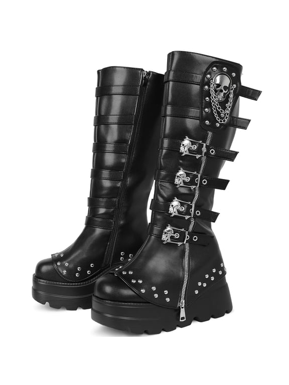 Women's Knee High Wedge Platform Boots Round Toe Punk Goth Knee High Motorcycle Combat Boot Metal Buckle Chunky Heel Boots