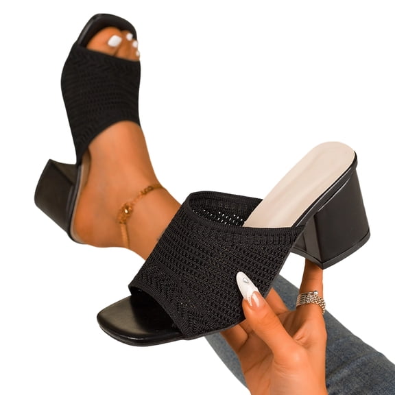 SACFOF Women's Knit Mesh Slip On Block Heeled Mule Sandals Fashion Square Toe Comfort Casual Beach Low Chunky Heels Open Toe Walking Slide Sandals
