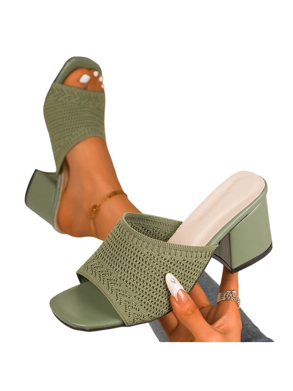 Women's Knit Mesh Slip On Block Heeled Mule Sandals Fashion Square Toe Comfort Casual Beach Low Chunky Heels Open Toe Walking Slide Sandals