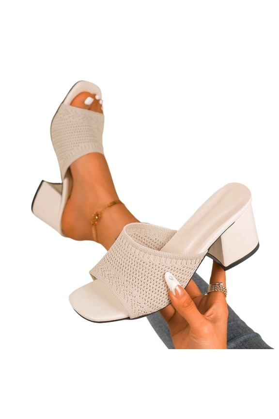 Women's Knit Mesh Slip On Block Heeled Mule Sandals Fashion Square Toe Comfort Casual Beach Low Chunky Heels Open Toe Walking Slide Sandals