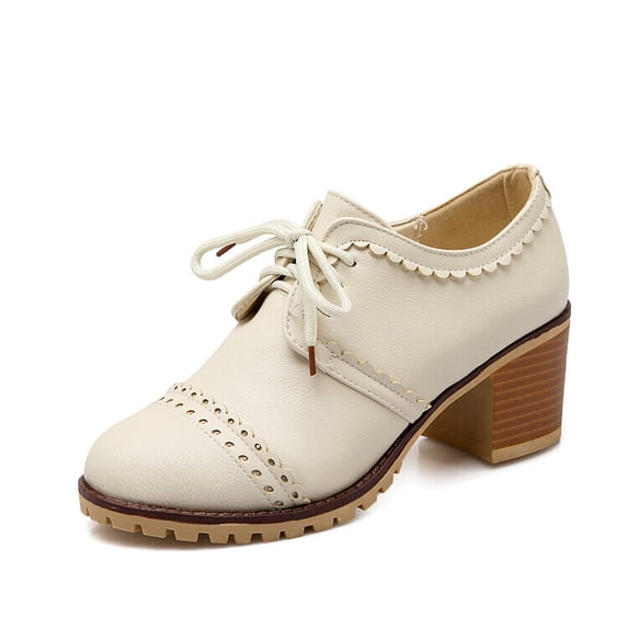 SACFOF Women's Lace Up Pump Oxfords Brogues Wingtip Round Toe Chunky Platform Block Heel Vintage Dress Shoes