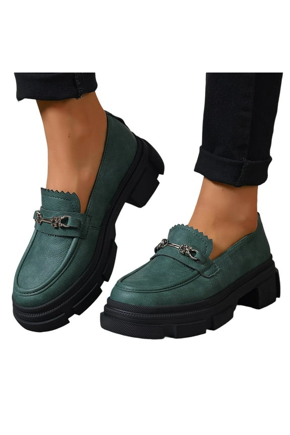 Women's Leather Platform Slip On Lug Sole Loafers Fashion Comfortable Round Toe Chunky Heel Business Dress Work Casual Shoes