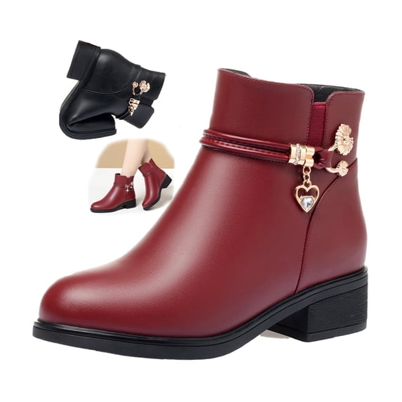 SACFOF Women's Leather Platform Wedge Heel Ankle Boots Comfortable Round Toe Warm Fur Lining Side Zipper Non-slip Lug Sole Winter Ankle Boots Outdoor Work Walking Snow Boots