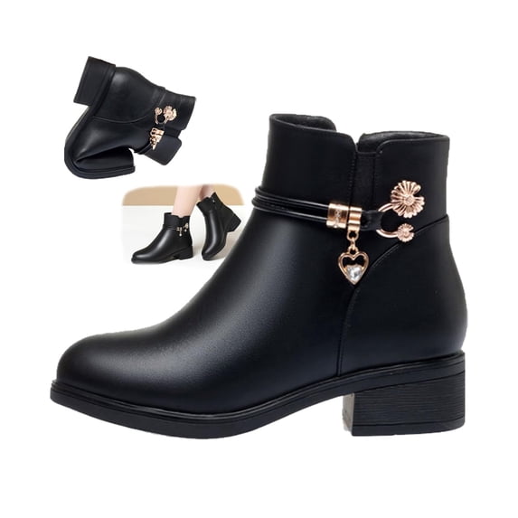 SACFOF Women's Leather Platform Wedge Heel Ankle Boots Comfortable Round Toe Warm Fur Lining Side Zipper Non-slip Lug Sole Winter Ankle Boots Outdoor Work Walking Snow Boots
