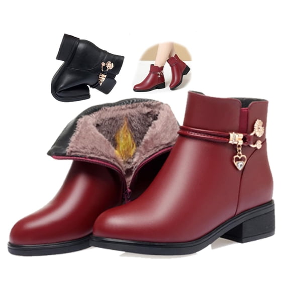 SACFOF Women's Leather Platform Wedge Heel Ankle Boots Comfortable Round Toe Warm Fur Lining Side Zipper Non-slip Lug Sole Winter Ankle Boots Outdoor Work Walking Snow Boots