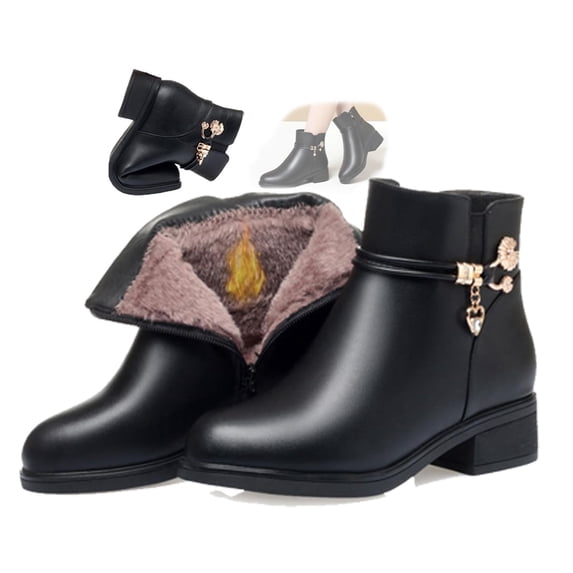 SACFOF Women's Leather Platform Wedge Heel Ankle Boots Comfortable Round Toe Warm Fur Lining Side Zipper Non-slip Lug Sole Winter Ankle Boots Outdoor Work Walking Snow Boots