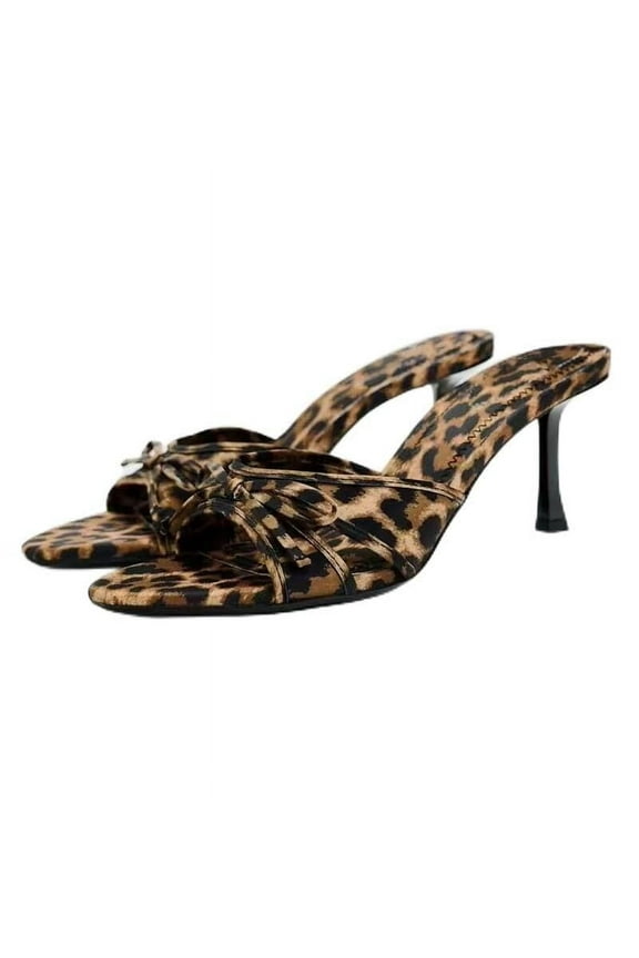 Women's Leopard Stiletto Heels Sandals with Bow Open Toe Stiletto High Heels Party Dress Backless Slide Sandals