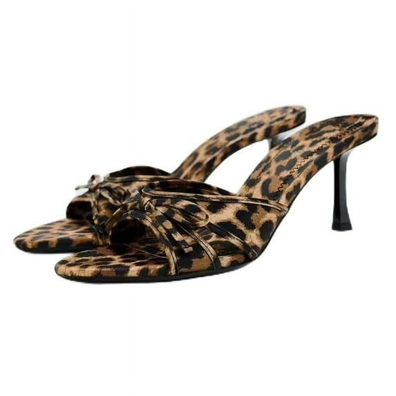 SACFOF Women's Leopard Stiletto Heels Sandals with Bow Open Toe Stiletto High Heels Party Dress Backless Slide Sandals
