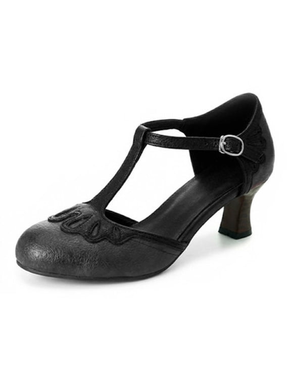 Women's Low Heels Mary Jane Pumps - Adorable Vintage Shoes- Unique Round Toe Design with an Adjustable T Strap