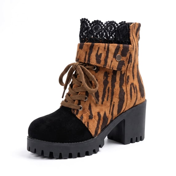 SACFOF Women's Lug Sole Chunky Block Mid Heel Fashion Ankle Boots Ladies Platform Lace Up Side Zipper Dress Short Booties