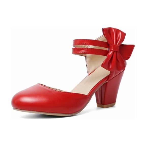 SACFOF Women's Mary Jane Heels with Bow Retro Closed Round Toe Pumps Sweet Ankle Strap Low Block Heels Chic Bowtie Vintage Dress Wedding Party Office Daily Shoes