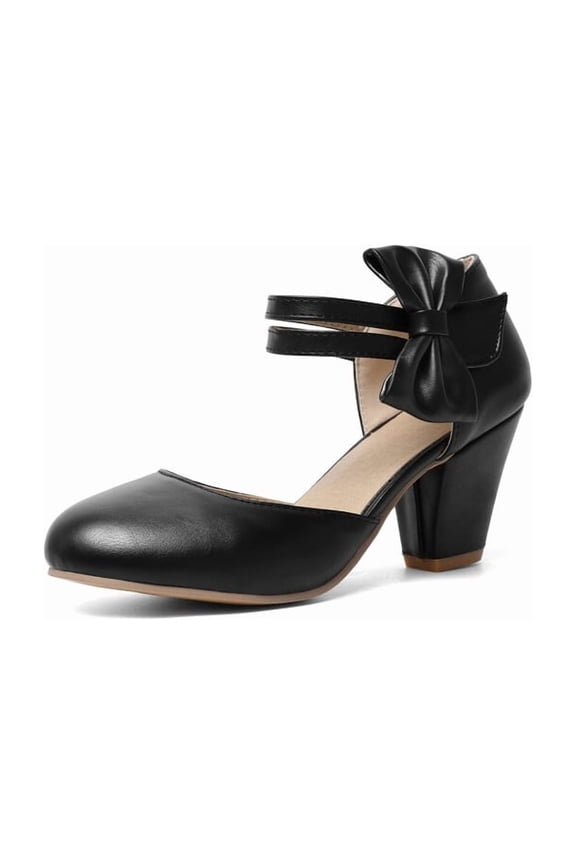 Women's Mary Jane Heels with Bow Retro Closed Round Toe Pumps Sweet Ankle Strap Low Block Heels Chic Bowtie Vintage Dress Wedding Party Office Daily Shoes