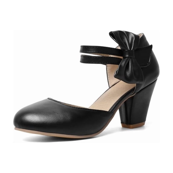 SACFOF Women's Mary Jane Heels with Bow Retro Closed Round Toe Pumps Sweet Ankle Strap Low Block Heels Chic Bowtie Vintage Dress Wedding Party Office Daily Shoes
