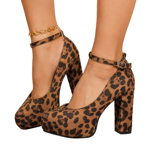 SACFOF Women's Mary Jane Pumps, Closed Round Toe, Block Heel with Ankle Strap Buckle, 4.12 Inch High Heel
