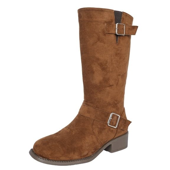 SACFOF Women's Mid Calf Boots Buckle Fashion Side Zipper Knee High Bootie Round Toe Chunky Heel Solid Suede Knee High Boot