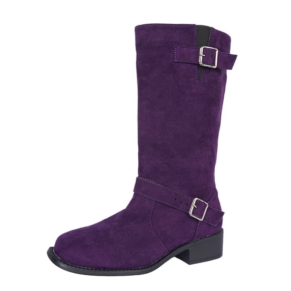 SACFOF Women's Mid Calf Boots Buckle Fashion Side Zipper Knee High Bootie Round Toe Chunky Heel Solid Suede Knee High Boot