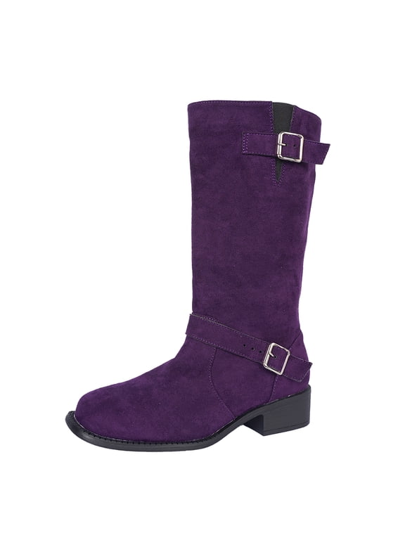 Women's Mid Calf Boots Buckle Fashion Side Zipper Knee High Bootie Round Toe Chunky Heel Solid Suede Knee High Boot