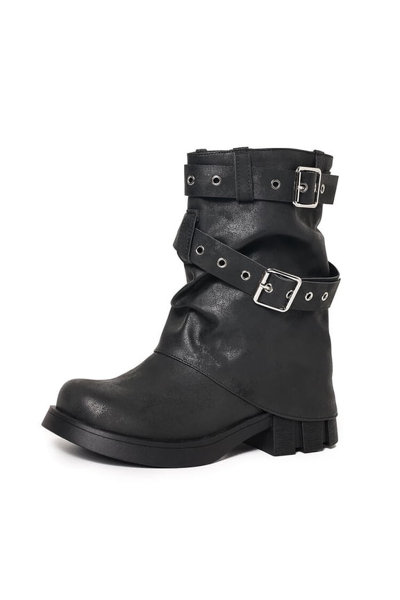 Women's Mid Calf Boots Chunky Low Heel Riding Buckle Boot for Women Squared Toe Motorcycle Boots Slip On Riding Biker Booties