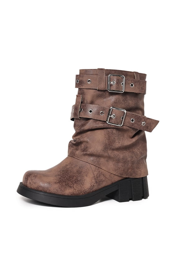 Women's Mid Calf Boots Chunky Low Heel Riding Buckle Boot for Women Squared Toe Motorcycle Boots Slip On Riding Biker Booties