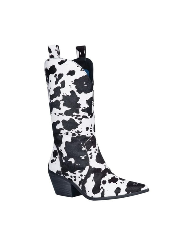 Women's Mid Calf Cowboy Boots Pointy Toe Boots Western Cowgirl Boots Chunky Low Heels Knight Boots