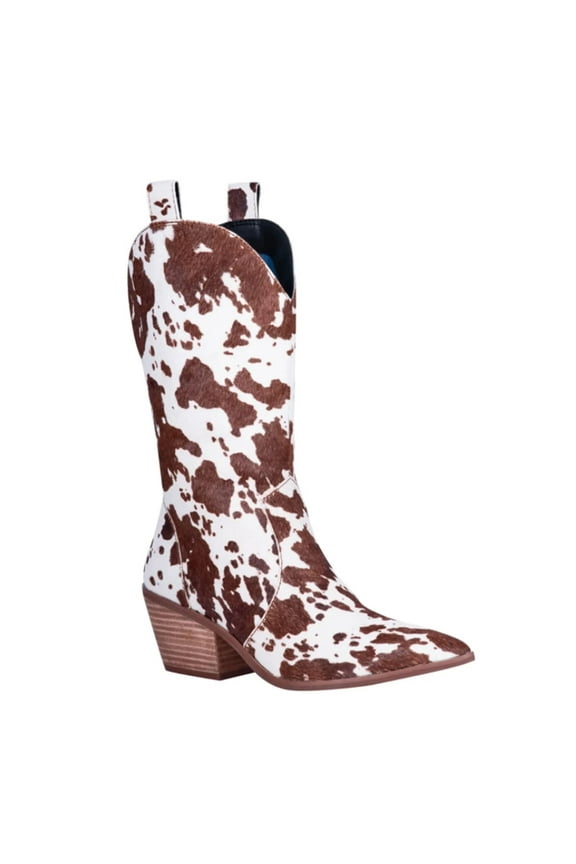 Women's Mid Calf Cowboy Boots Pointy Toe Boots Western Cowgirl Boots Chunky Low Heels Knight Boots