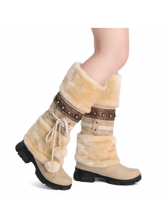 Women's Mid-Calf Slip On Winter Snow Boots, Classic Round Toe Suede Faux Fur Cozy Warm Comfortable Winter Boots