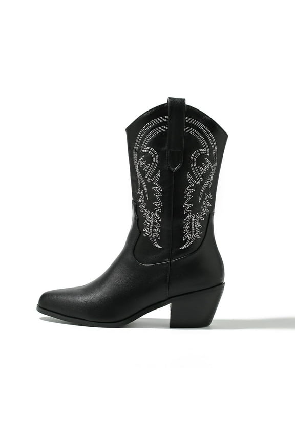Women's Mid Calf The Western Cowgirl Boots Fashion Pointy Toe Embroidered Cowboy Boots For Women Chunky Low Heel Booties