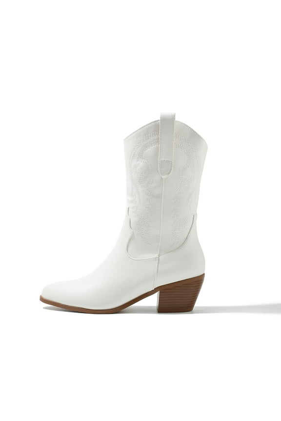 Women's Mid Calf The Western Cowgirl Boots Fashion Pointy Toe Embroidered Cowboy Boots For Women Chunky Low Heel Booties