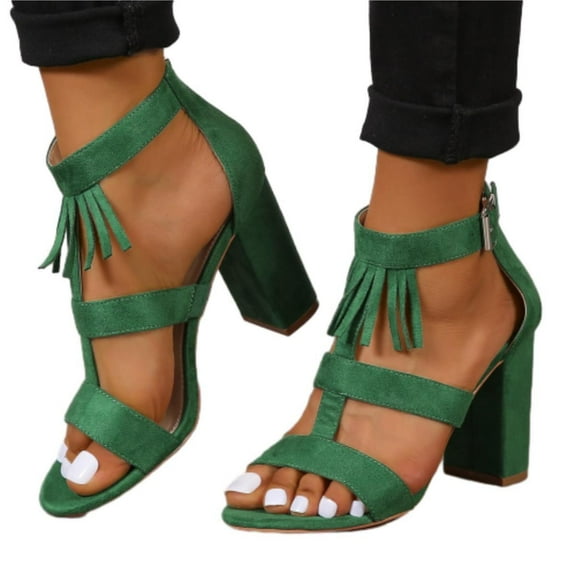 SACFOF Women's Open Toe Ankle Strap Buckle High Chunky Heel Sandals Fashion Tassel Party Wedding Prom Dress Shoes