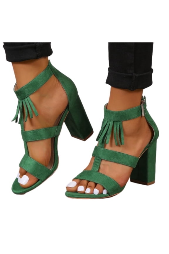 Women's Open Toe Ankle Strap Buckle High Chunky Heel Sandals Fashion Tassel Party Wedding Prom Dress Shoes