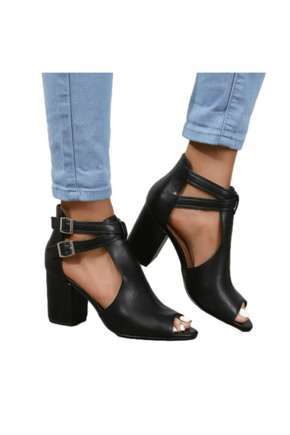 Women's Peep Toe Boots Side Strap Chunky Heels Cutout Ankle Boots Pumps Casual Mid Heels Dress Heeled Sandals