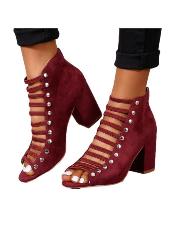 Women's Peep Toe High Chunky Heel Sandals Summer Pumps Cutout Dressy Party Prom Booties Back Zipper