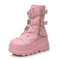 thumbnail image 1 of SACFOF Women's Pink Platform Boots Wedge Combat Gothic Chunky Heel Lace Up Mid Calf Punk Motorcycle Shoes, 1 of 6