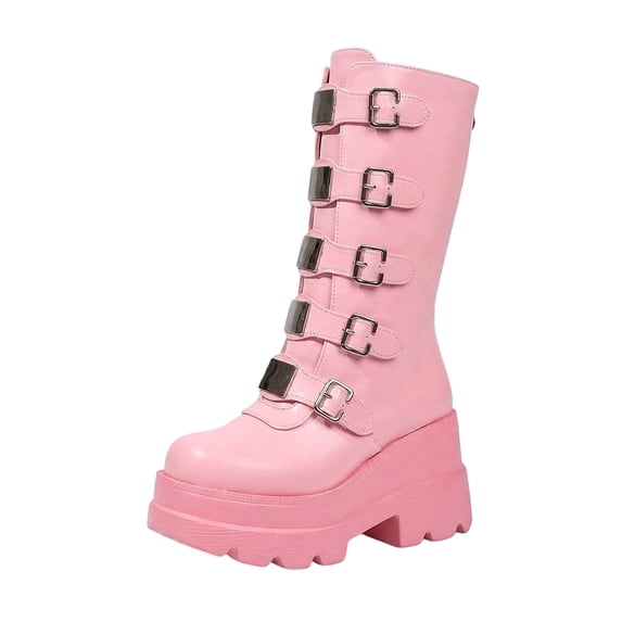SACFOF Women's Pink Platform Boots Wedge Combat Gothic Chunky Heel Mid Calf Punk Motorcycle Shoes