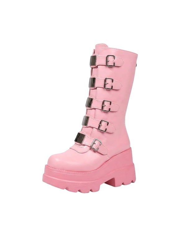 Women's Pink Platform Boots Wedge Combat Gothic Chunky Heel Mid Calf Punk Motorcycle Shoes