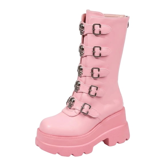 SACFOF Women's Pink Platform Boots Wedge Combat Gothic Chunky Heel Mid Calf Punk Motorcycle Shoes