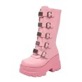 thumbnail image 1 of SACFOF Women's Pink Platform Boots Wedge Combat Gothic Chunky Heel Mid Calf Punk Motorcycle Shoes, 1 of 6