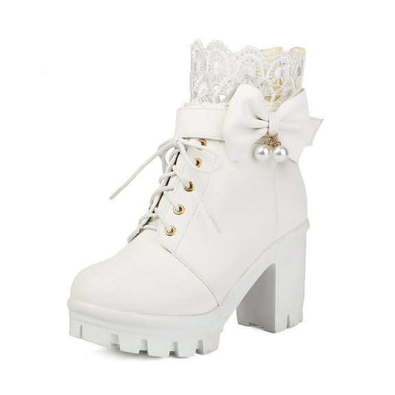 SACFOF Women's Platform Ankle Boots with Lace Bow Pearl Chunky High Heel Gothic Winter Combat Boots