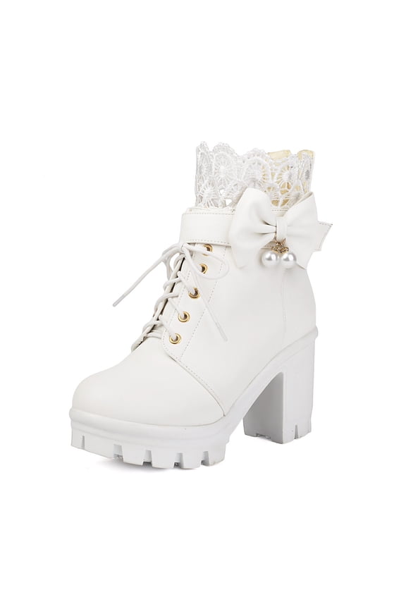 Women's Platform Ankle Boots with Lace Bow Pearl Chunky High Heel Gothic Winter Combat Boots