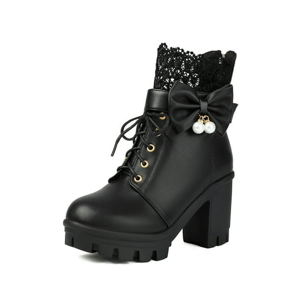 SACFOF Women's Platform Ankle Boots with Lace Bow Pearl Chunky High Heel Gothic Winter Combat Boots