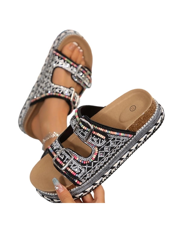 Women's Platform Clogs Sandals Cork Footbed with Comfortable Double Buckles, Non Slip & Lightweight Wedge Thick Platform Sole Slides Mules, Summer Casual Beach Wide Widths Footwear
