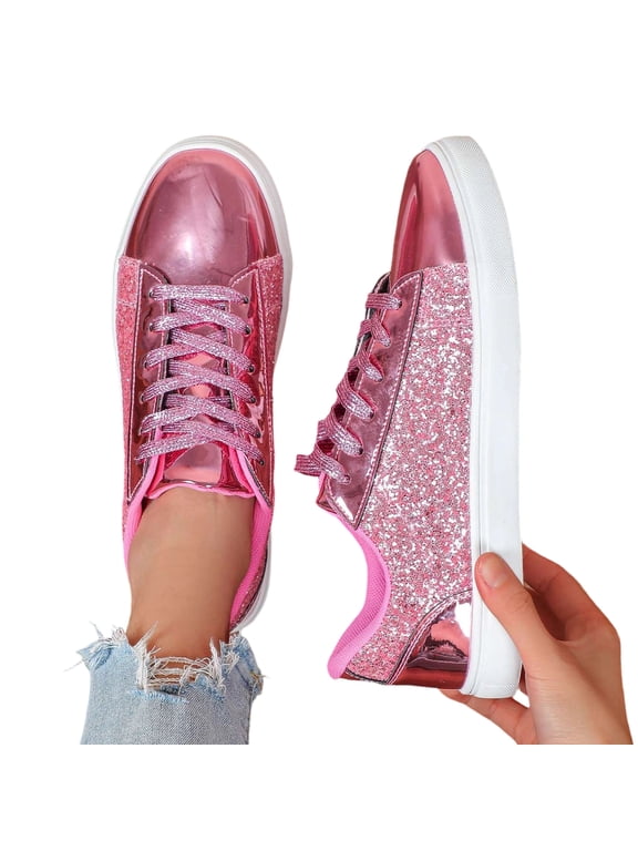 Women's Platform Glitter Fashion Sneakers Dressy Sparkly Tennis Shoes Lace up Bling Wedding Bridal Shoes Shiny Sequin Shoes