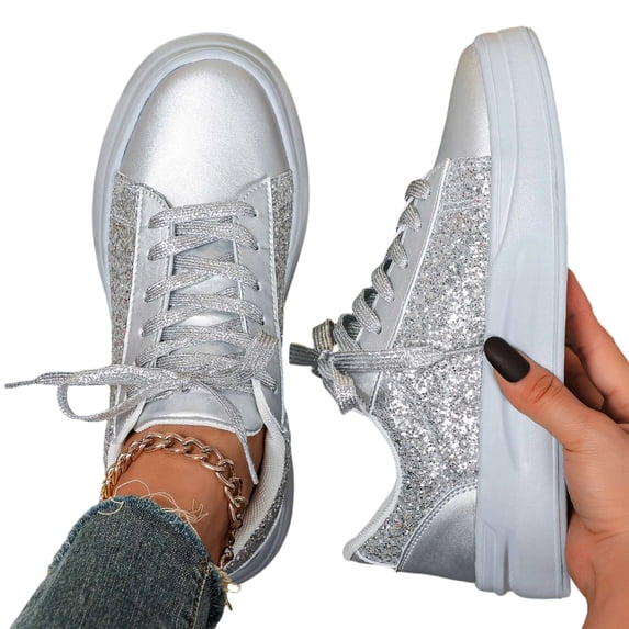 SACFOF Women's Platform Glitter Fashion Sneakers Dressy Sparkly Tennis Shoes Lace up Bling Wedding Bridal Shoes Shiny Sequin Shoes