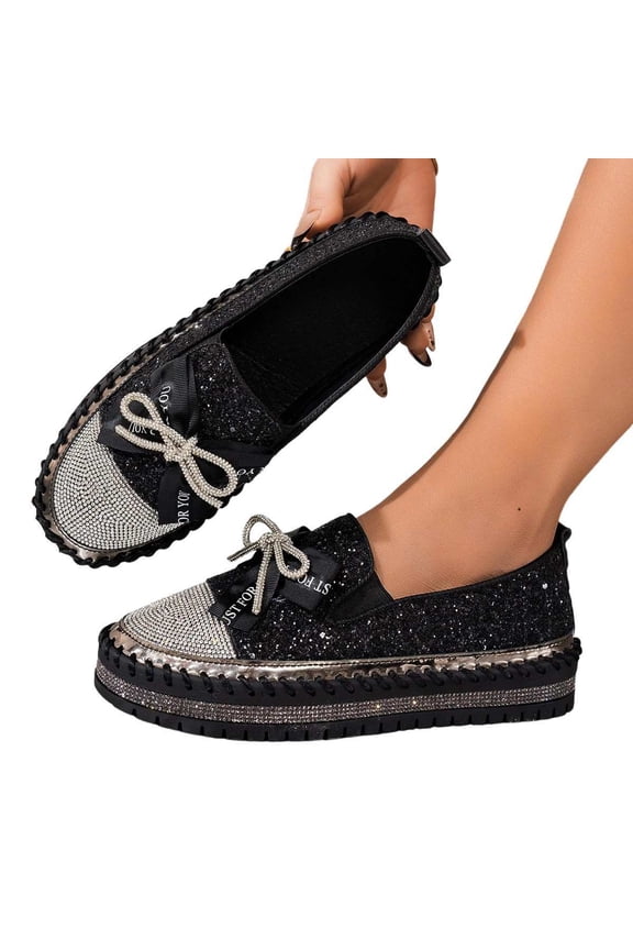 Women's Platform Rhinestones Cute Bow Slip on Sneaker,Casual Fashion Platform Dress Shoe Loafers